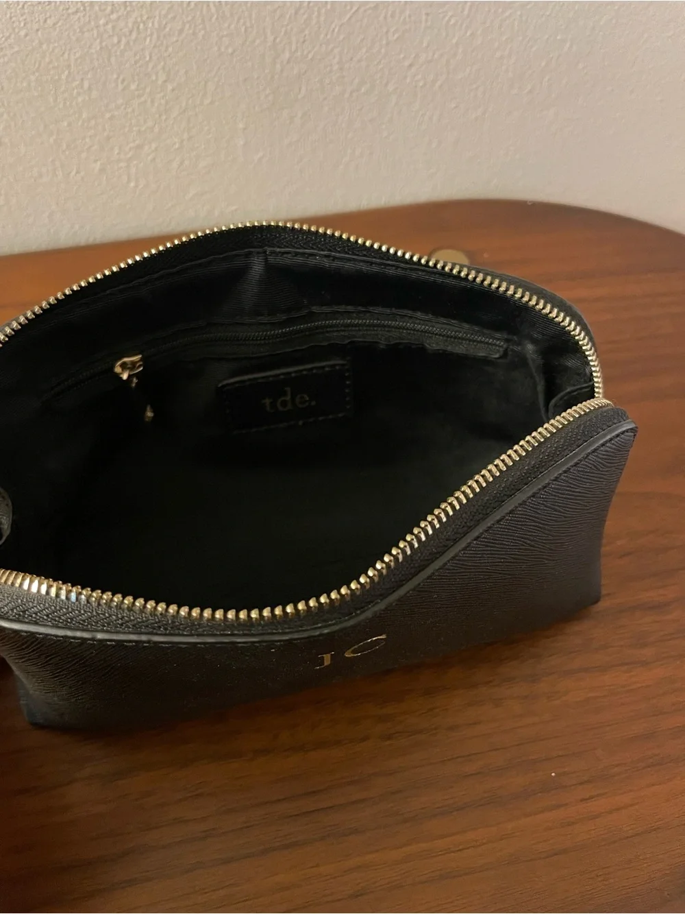 tde. Black Saffiano Cosmetic Zip Pouch with Gold Initials